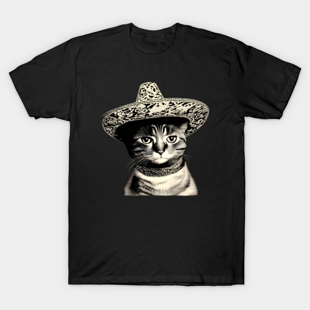 Cat wearing sombrero hat - vintage T-Shirt by Ravenglow